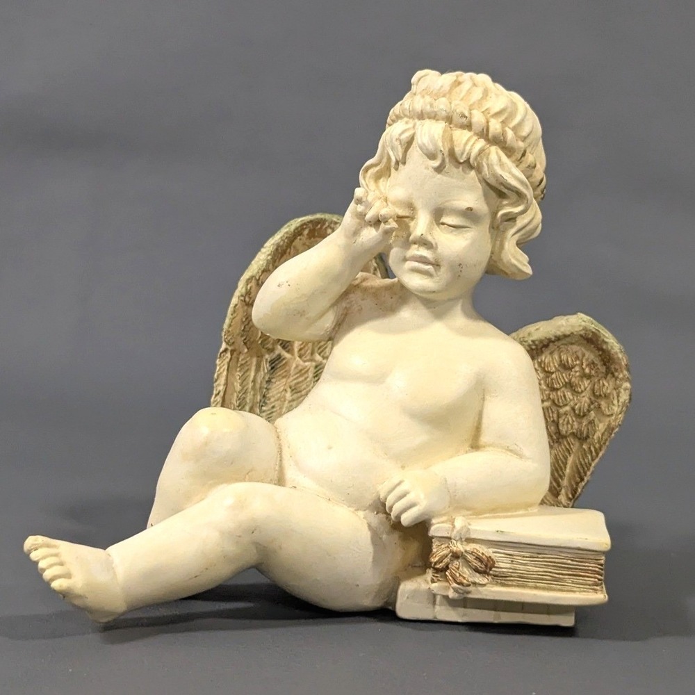Vintage Resin Cherub Angel Figurine Seated on Books Cream Gold Tone 3.5 Inch